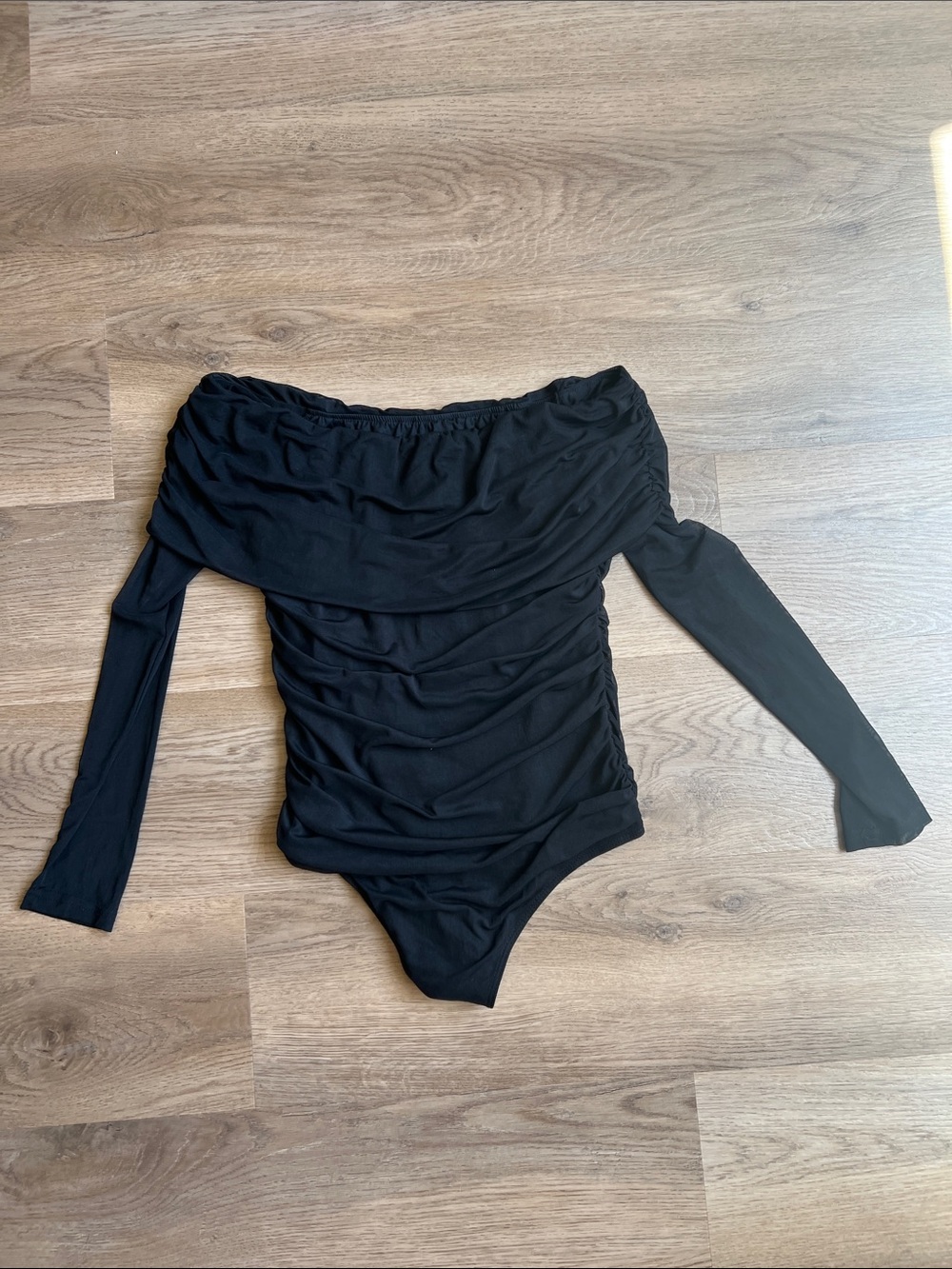 Ruched Off-Shoulder Black Bodysuit